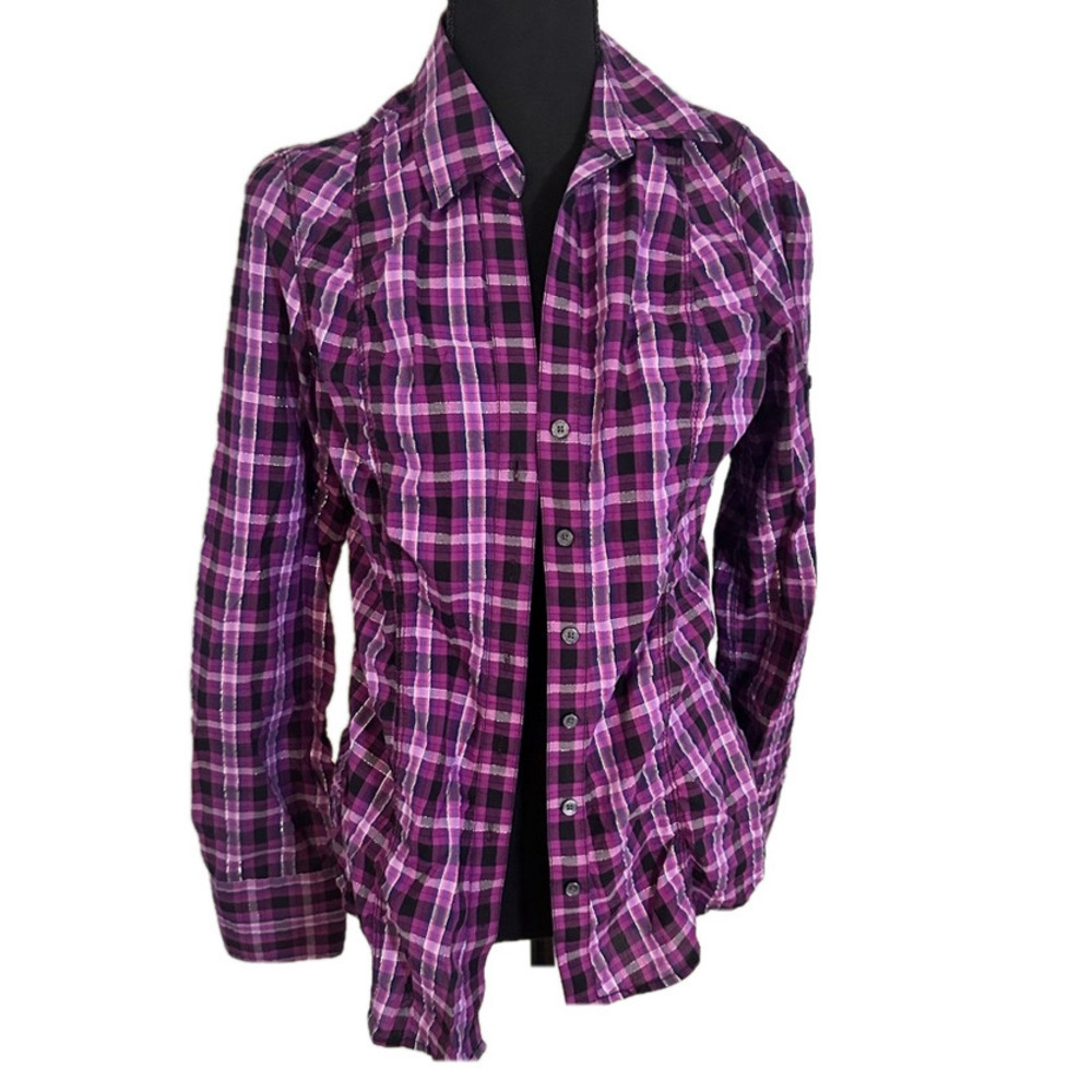 EXPRESS PURPLE BUTTON DOWN LONG SLEEVE FLANNEL WITH SILVER LINING DETAILS